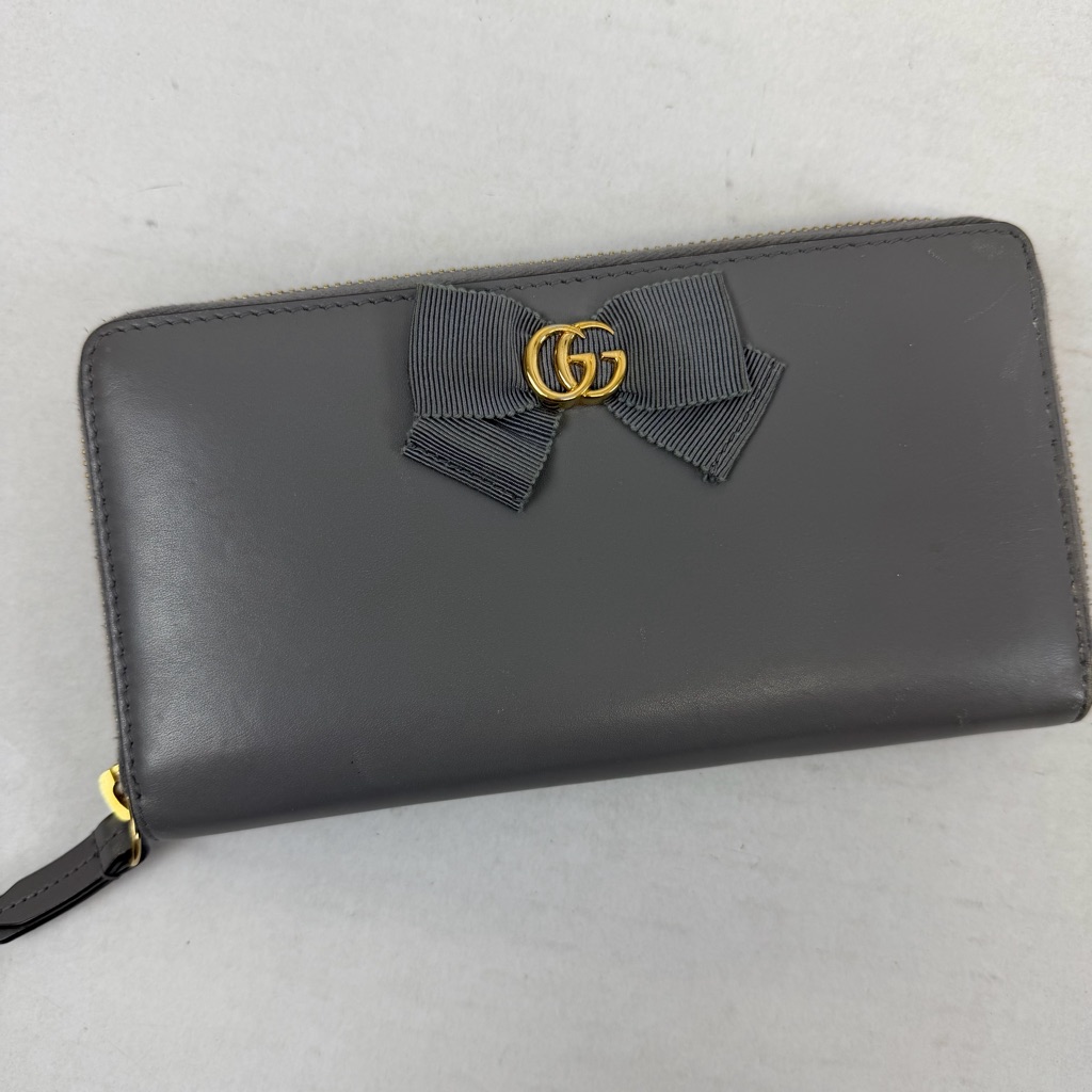Gucci Guccissima Bow Zip-Around Wallet Gray Leather Gg Logo